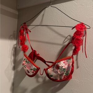 For Love And Lemons Red Floral Lace Bra Size 32B